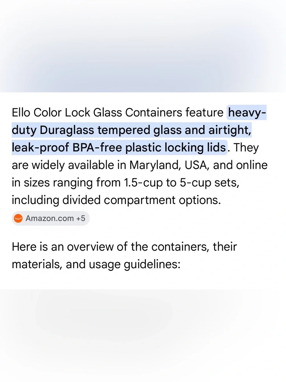 NWT!! Ello Color Lock 3.4 Cup Glass Meal Prep Container